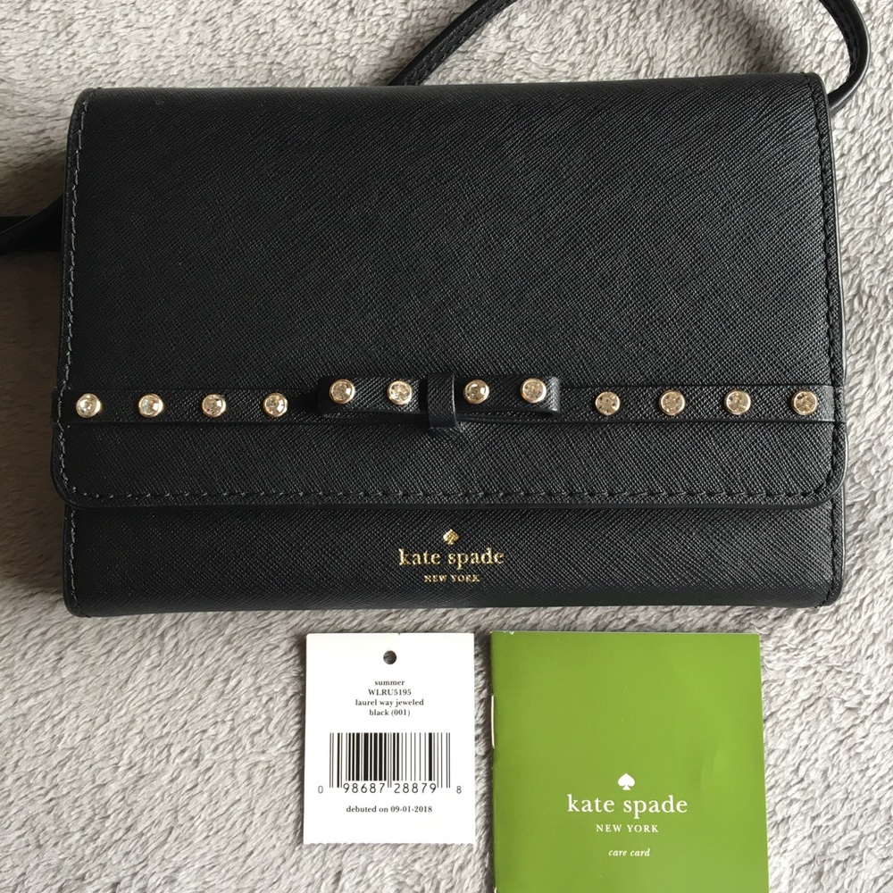 KATE SPADE Black Laurel Way Jeweled Crossbody Bag Clutch Wallet Removable strap